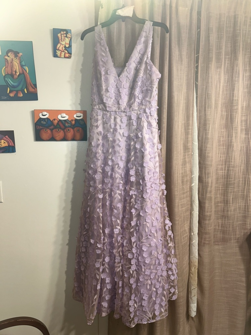 Lavender Floral Appliqué V-Neck Gown